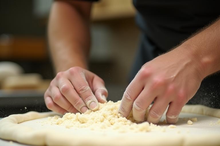 Chef preparing pizza dough with flour