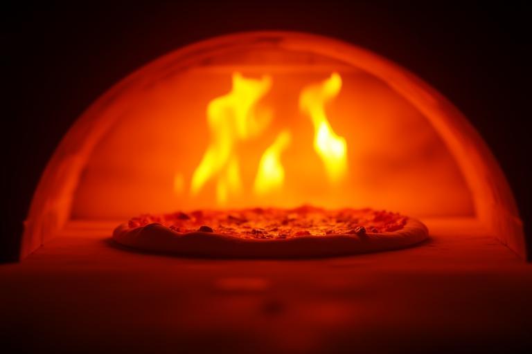 Interior of a wood-fired pizza oven with flames and pizza