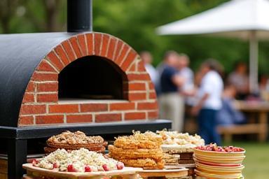 Outdoor catering setup with a portable pizza oven and food display
