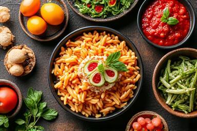 Spread of delicious pasta dishes and fresh salads