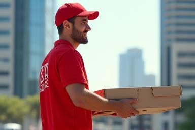 Delivery driver holding a pizza box in a modern Dubai setting